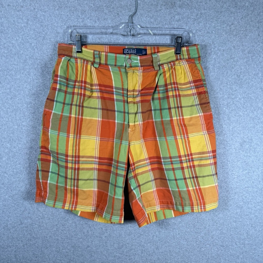 Polo Ralph Lauren Shorts Mens 32 Tyler Orange Green Loud Plaid Preppy Pleated